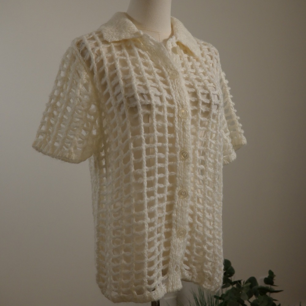 BDG Urban Outfitters Cream Open Weave Crochet Knit Button Down Shirt XS